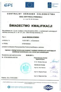 Świadectwo kwalfikacji chłodnictwo